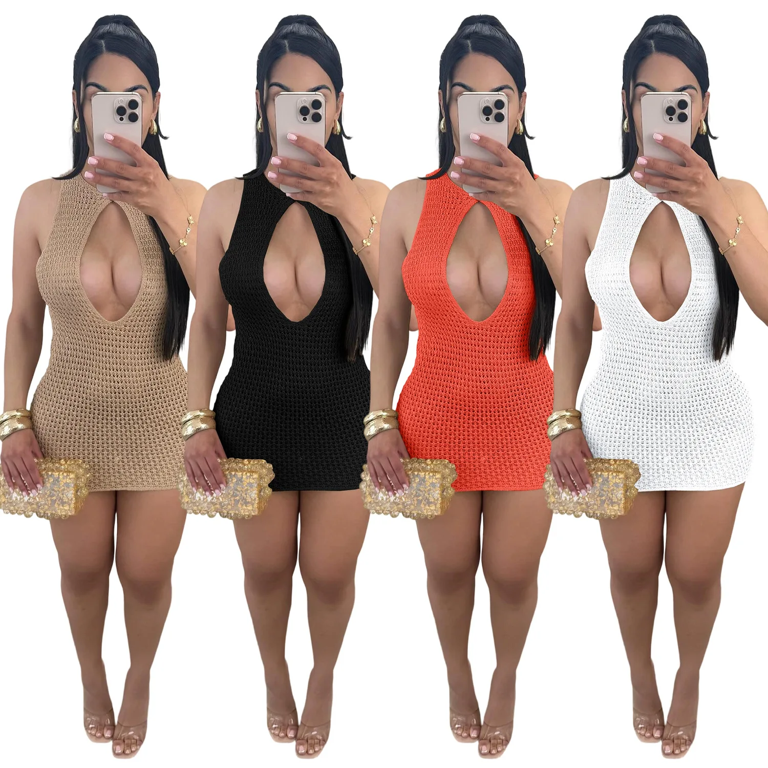 

Summer New Fashion Hollow-Out Halter Neck Solid Color Knitted Dress