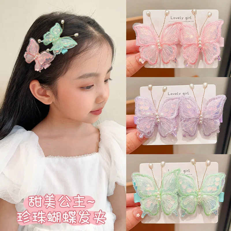 2PCS New Princess Embroidered Butterfly Lovely Girls Hairpins Children Headwear Hairgrip Hair Clips Barrettes Hair Accessories