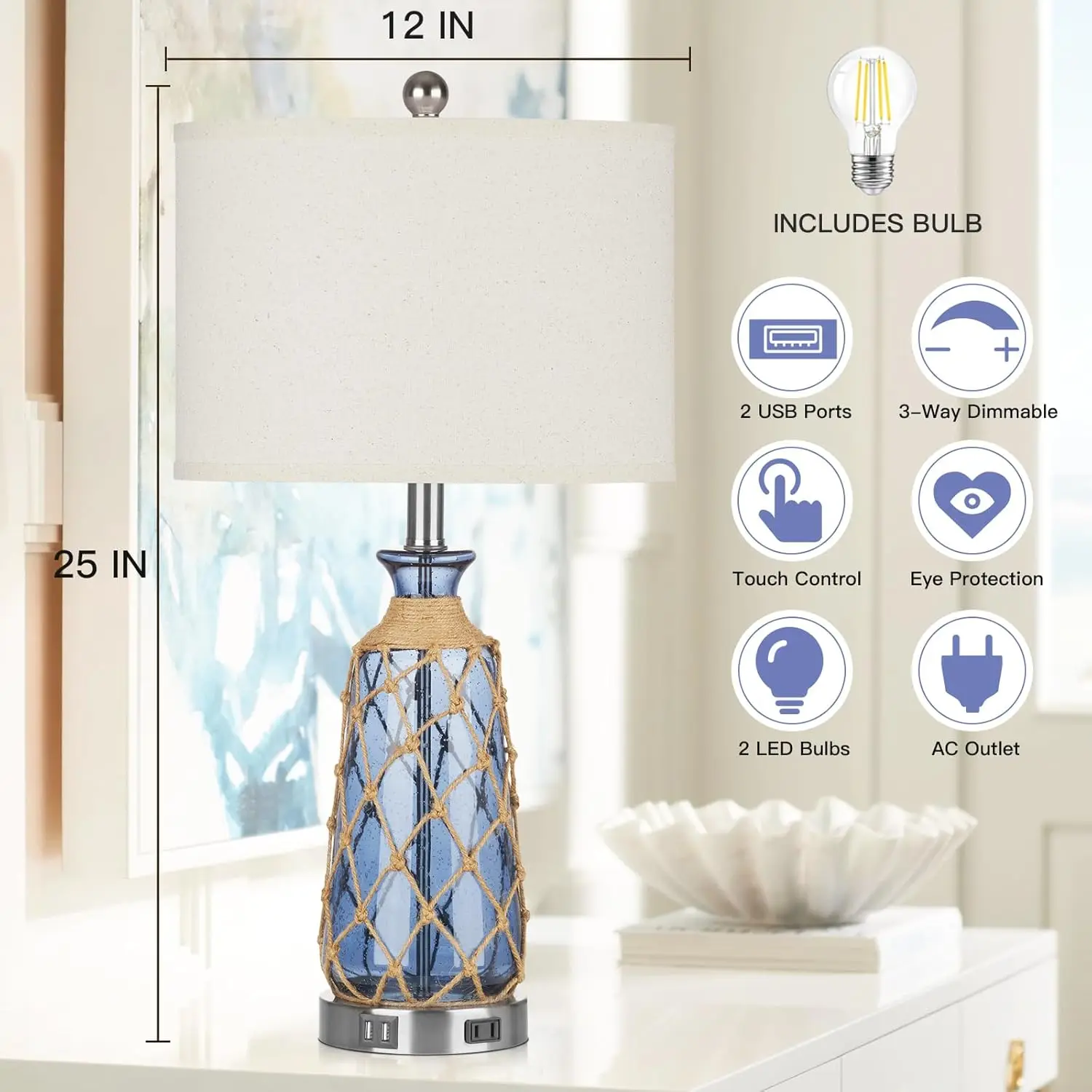 โคมไฟข้างเตียงแบบกระจกสไตล์ชายฝั่ง, ควบคุมการหรี่แสงได้ 3 ระดับด้วยระบบสัมผัส พร้อมพอร์ต USB และเต้ารับไฟฟ้า, โคมไฟตั้งโต๊ะ LED สีน้ำเงินสไตล์ทะเลสำหรับ