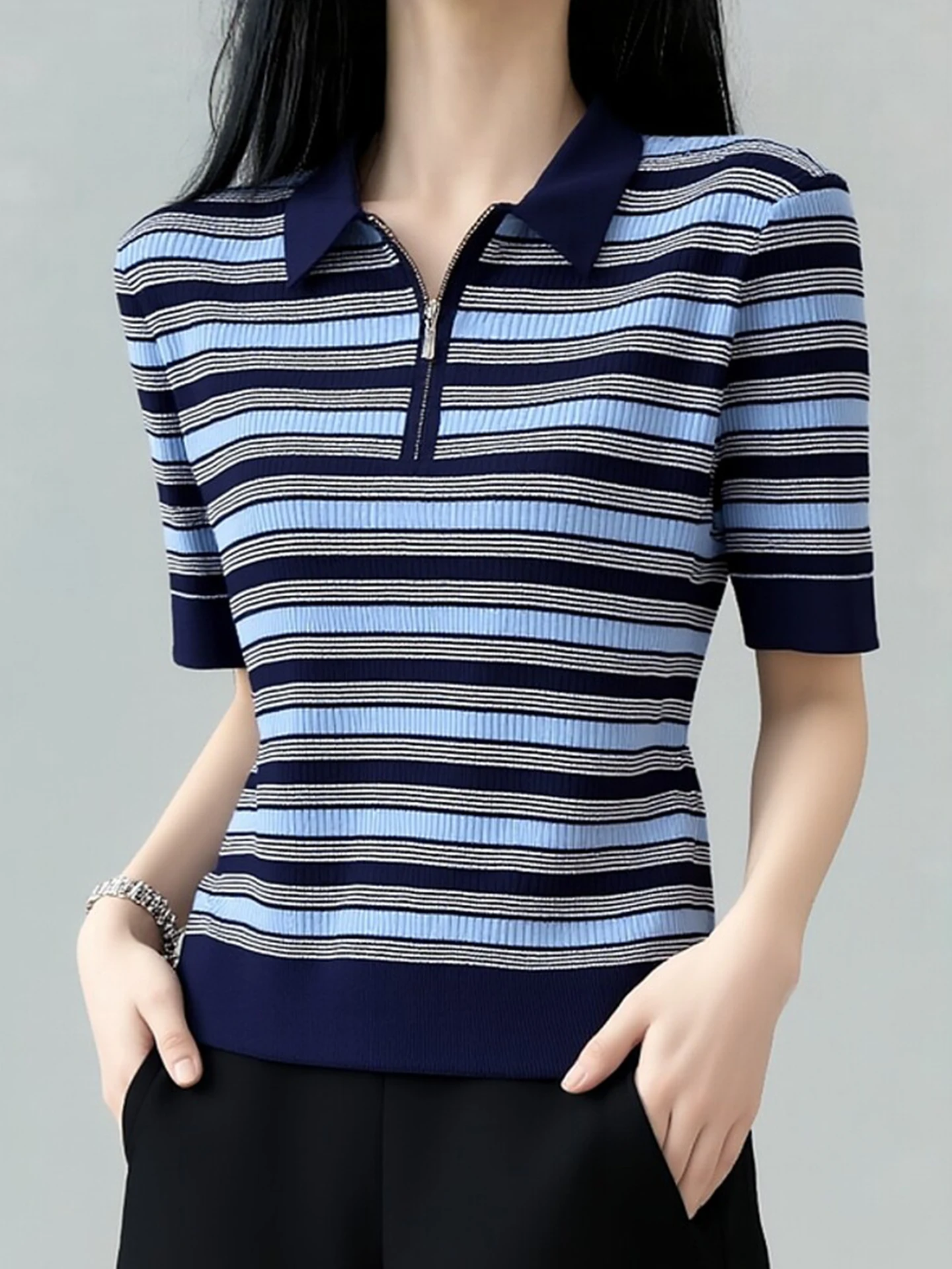 

Retro Striped Ne ort Sve Knitwear Women's Comfortable Vintage Spring T-irt Korean Sle Straight Cut Inner Wear