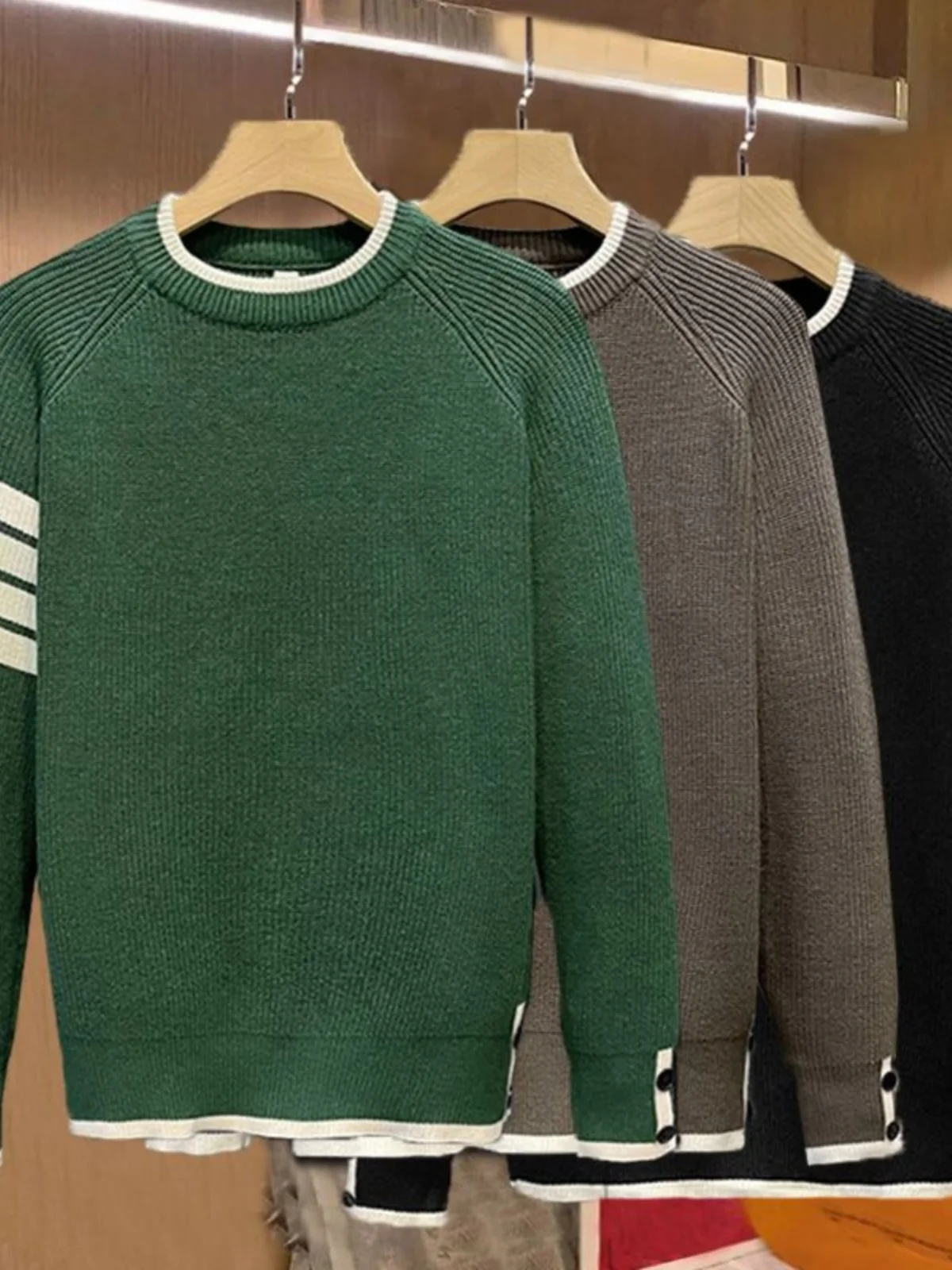 

Spring Autumn Loose Men's Knitwear Four Bar Stripe Fake Two-Piece Casual Top Trendy Versatile Comfortable Straight Tube Sle