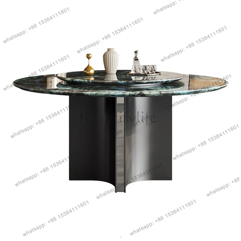 Natural marble dining table household small apartment blue jadeite high-end round table with turntable