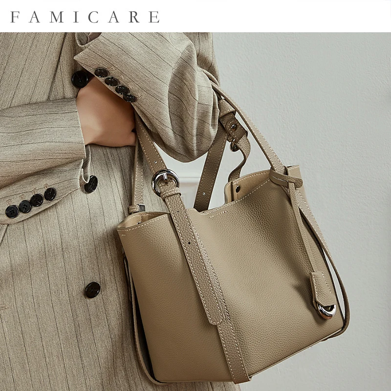 

2025 New Soft Top Grain Leather Vertical Tote Bucket Bag Unique Single Shoulder Crossbody Bag Women Minimalist Spacious Handbag