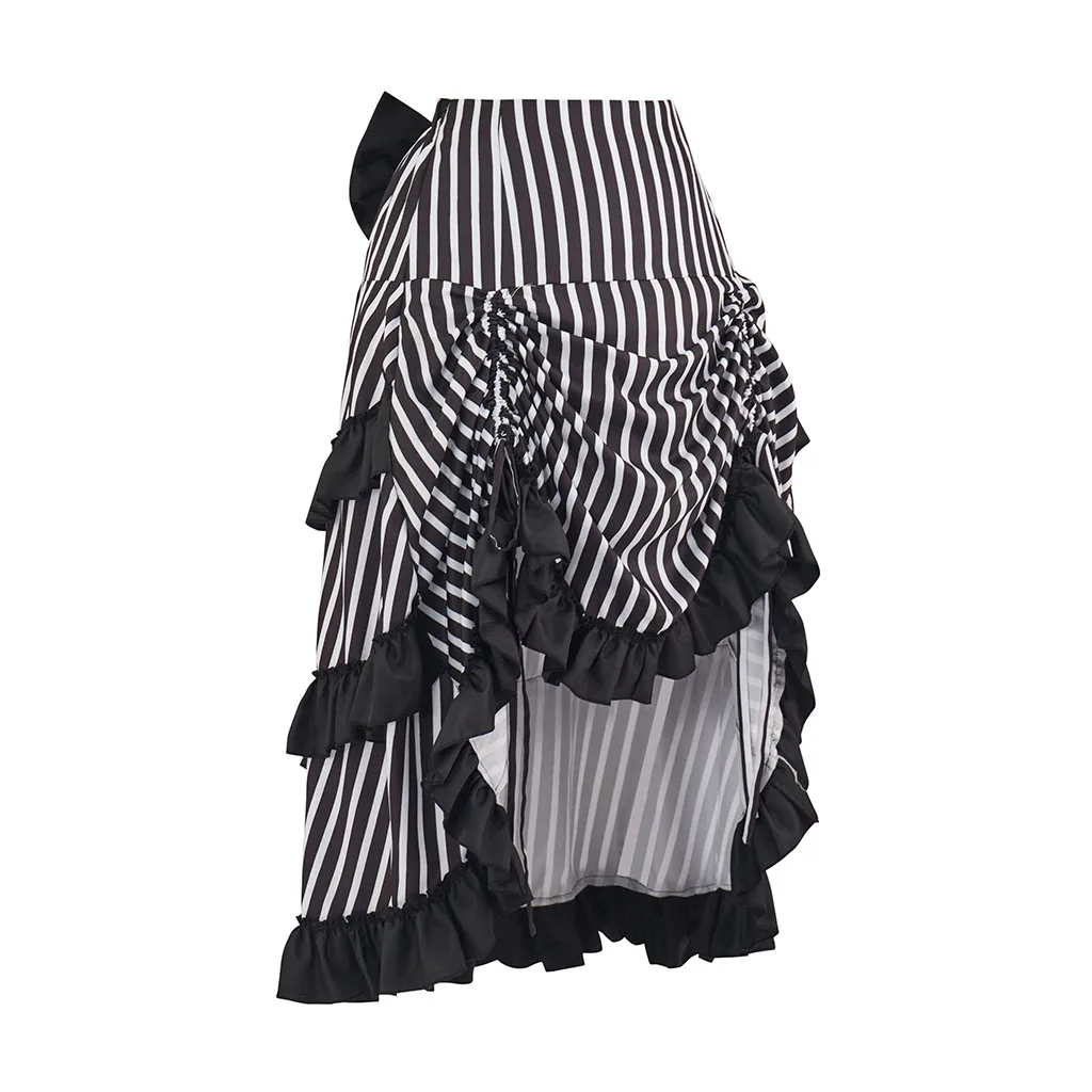 Lady Gothic Steampunk Stripe Skirt Vintage Bustle Dress Costume Ruffled High Waisted Long Victorian Skirts view 2