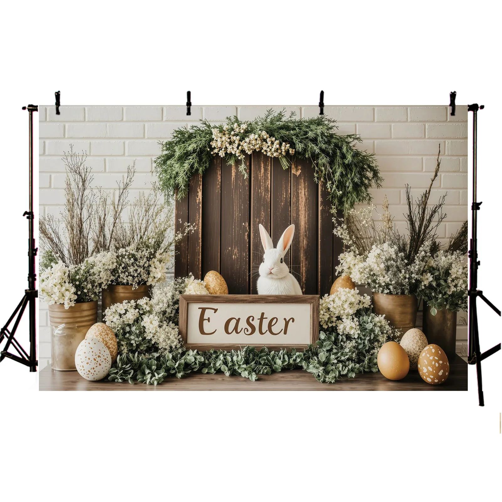 Fondo de fotografía de conejito, huevos de Pascua, puerta de madera, ventana, hojas verdes, flor blanca, decoración de fiesta de cumpleaños, Baby Shower