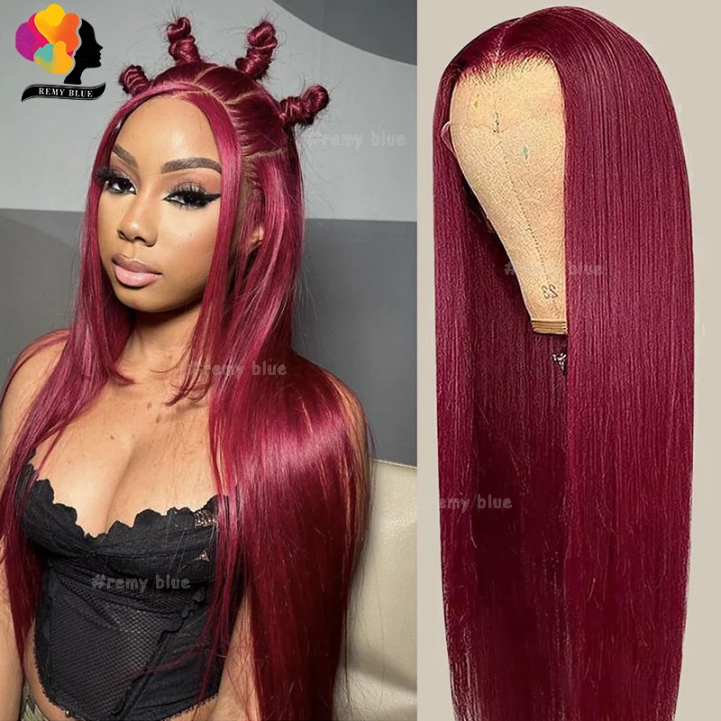 

Colored 99J Straight Human Hair Wigs for Black Women 13x4 Transparent Lace Frontal Wig Pre-Plucked Burgundy Red Human Hair Wig