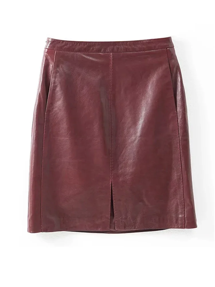 

Real leather Women Skirts Ladies 100% Sheepskin Leather Jupe Femme Front Split Sexy Wrap Saias Mujer Mid-Length Burgundy Faldas