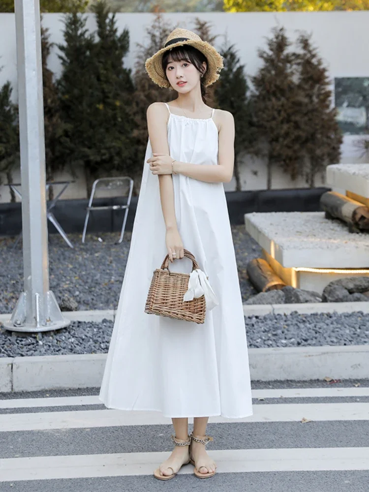 

2025 White Long Dress Women Summer New Korean Loose Halter Neck Strapless Sleeveless Dresses Woman