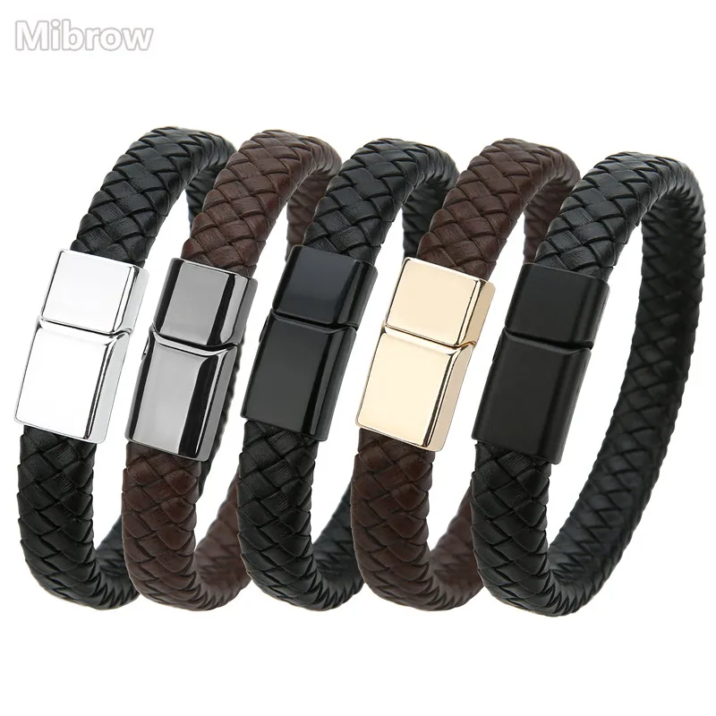 Mibrow Braided Black Leather Men Bracelet 10x5 12x6mm Size Fashion Metal Magnetic Clasp Wrap Bracelets Punk Charm Men Jewelry