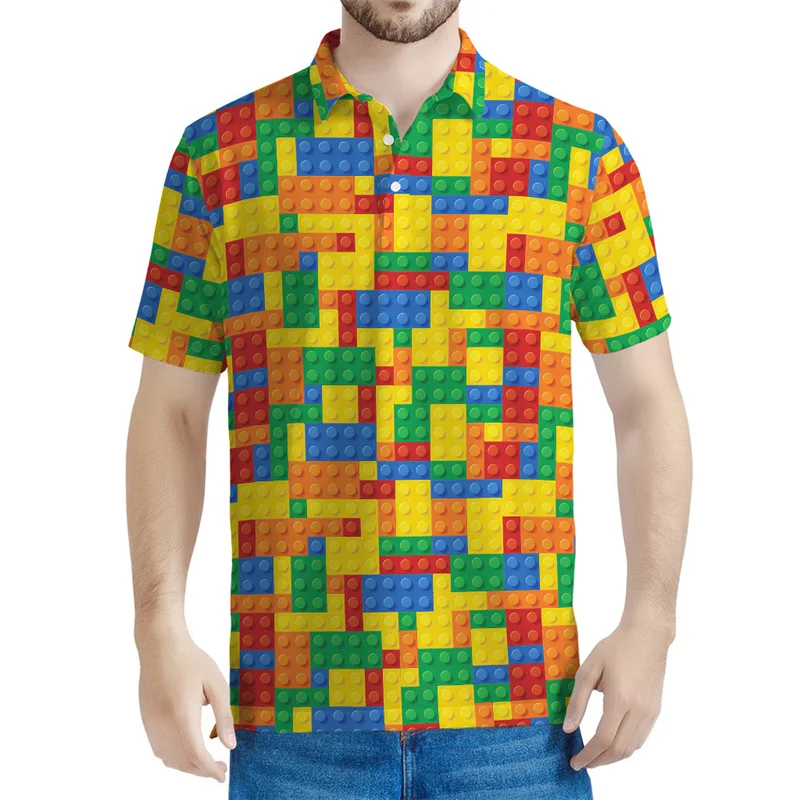 Colorful Building Blocks Pattern Polo Shirts Men Kids 3d Printed T-shirt Summer Street Short Sleeves Y2k Tops Loose Tee Shirt