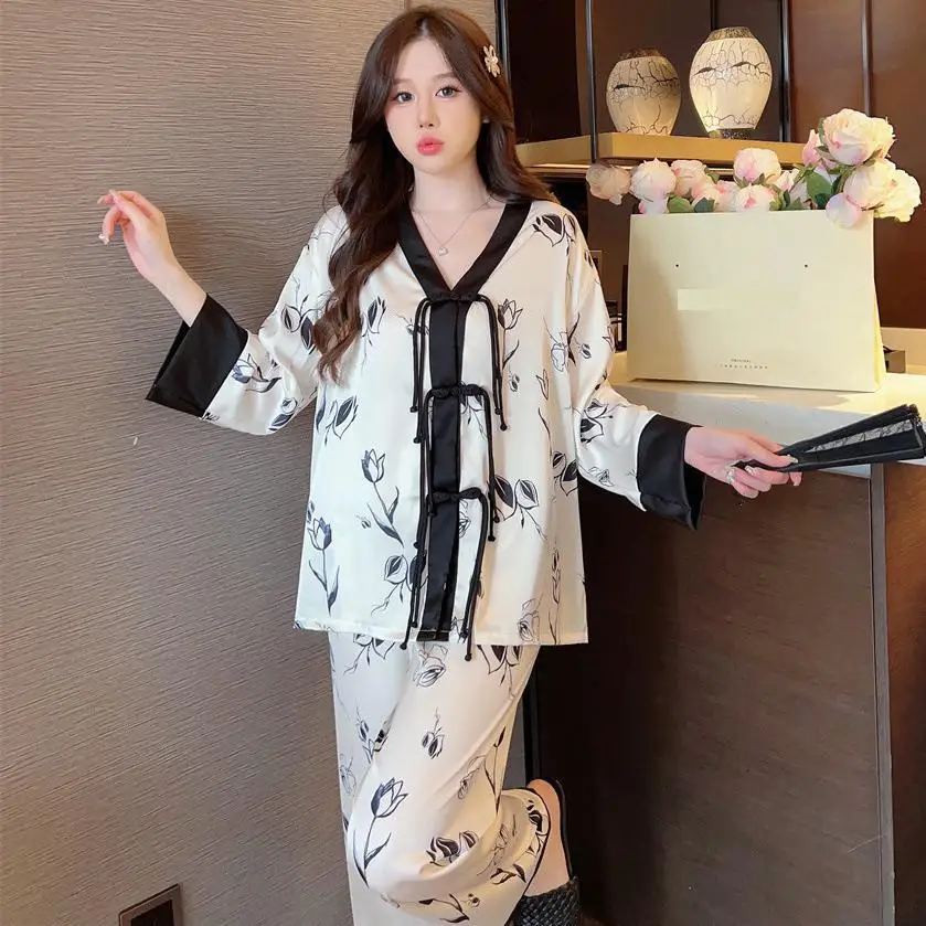 

V-Neck Print Sleepwear Pyjamas Suit Women 2PCS Pajamas Set Spring Autumn Femme Long Sleeve Pijamas Silky Satin Lingerie