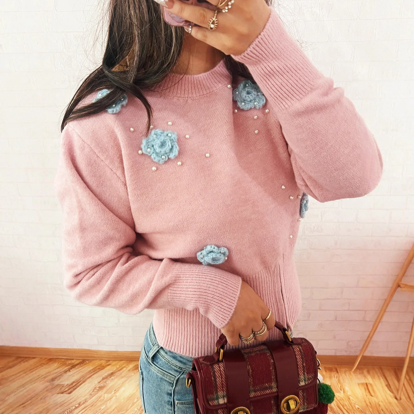 

Осенне-зимняя одежда, модные свитера с объемным цветком и бисером, женский пуловер с круглым вырезом, элегантные тонкие вязаные топы на молнии