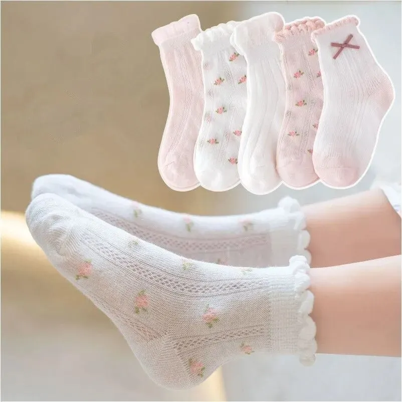 Lot de 5 paires de chaussettes mignonnes pour enfant, en coton, solide, princesse, décontracté, maille fine, fleur, dessin animé, été