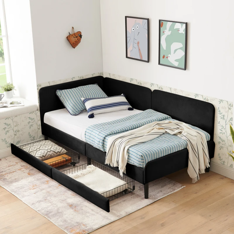 Twin Size Upholstered Platform Bed Frame with 2 Storage Drawers, Adjustable Velvet Sofa Bed, Black