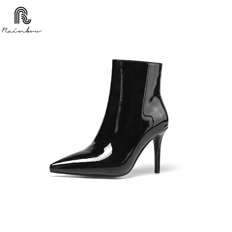 

RAINBOW New Designer Pointed Women's Stiletto Heels Ankle Boots 46 Large Leather Boots with Fashionable Side Zippers party black