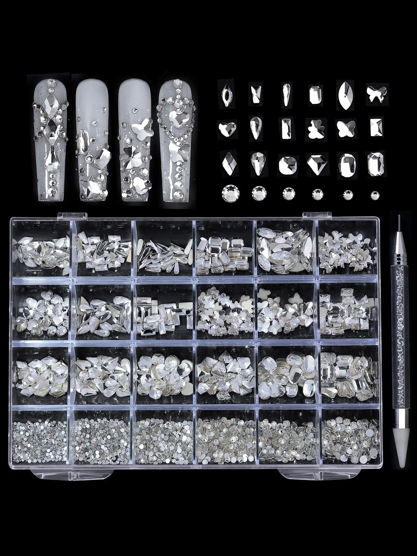 

21 Grids Mixed Shiny Champagne Rhinestone Crystal 3D Nail Art Decorations with Dotting Pen. Fashion Nail Charm Jewelry & Manicure Accessory. Nail Supplies, Charms & Gems.