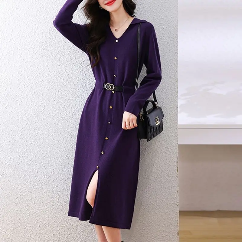 Women V Neck Knitted Sweater Dress Spring Autumn Long Sleeve Midi Loose Elegant Casual Office Lady Pullover Dress