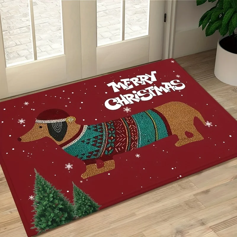 VIKAMA Christmas Doormat with Non-Slip Feature Dachshund Santa Hat Design Washable Polyester Rug for Home Entryway Welcome Mat