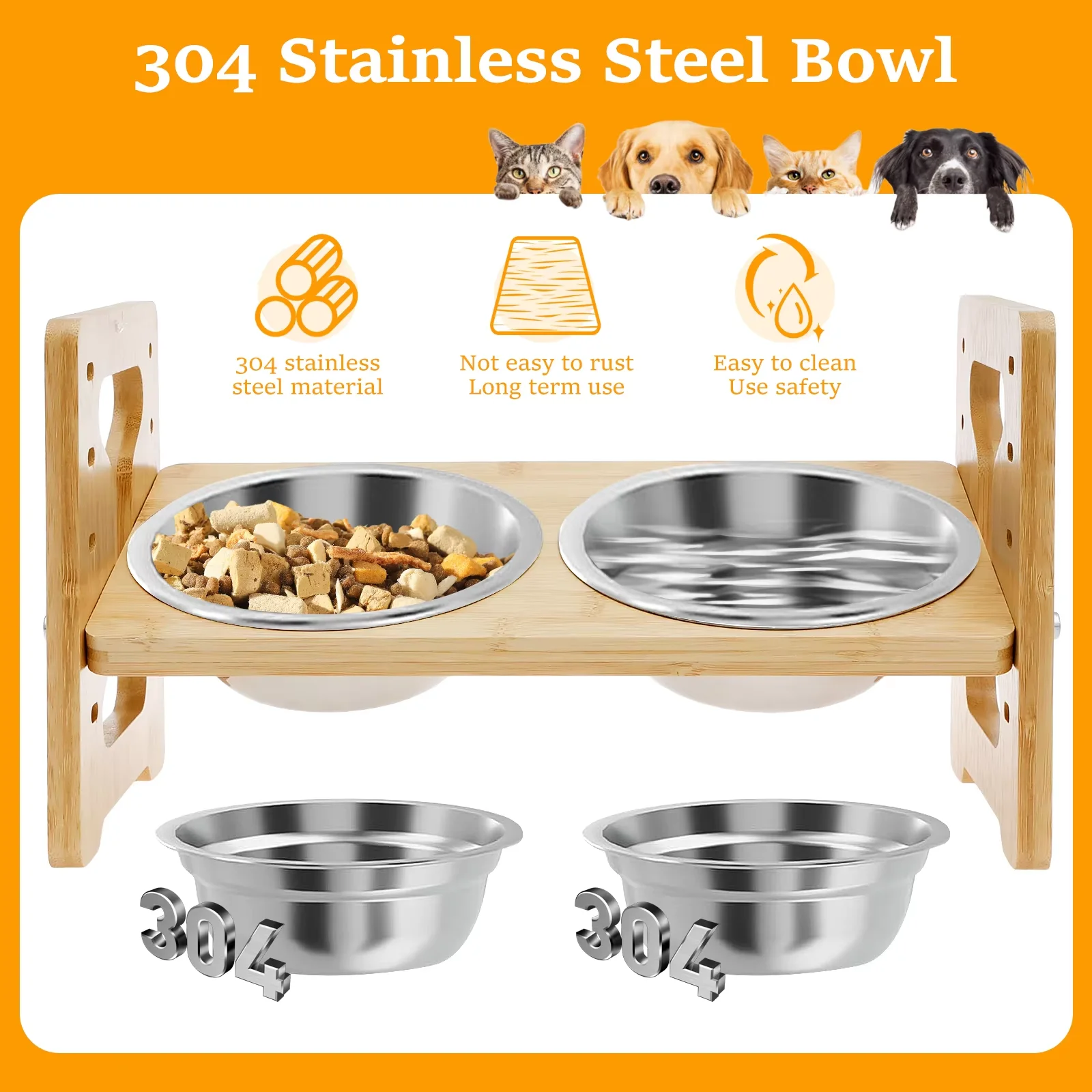 Wooden Elevated Dog Cat Feeder Stand Adjustable Raised Double Stainless Steel Bowls 15°Tilt Anti Slip Pet Food Water Bowl view 6