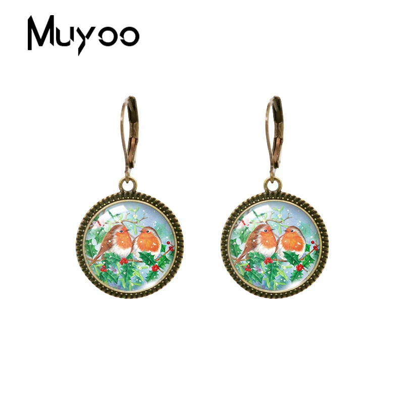 2023 New Robin Painting Dangle Earring Vintage Earrings Birds Art Round Glass Dome Handmade Jewelry