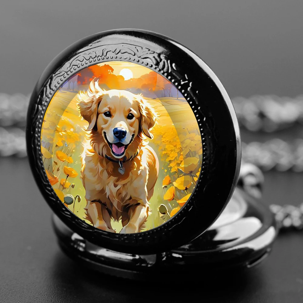 Exquisite Watercolor Dog Glass Dome Quartz Pocket Watch Arabic numeral Necklace Pendant Gifts For Women Man with Chain