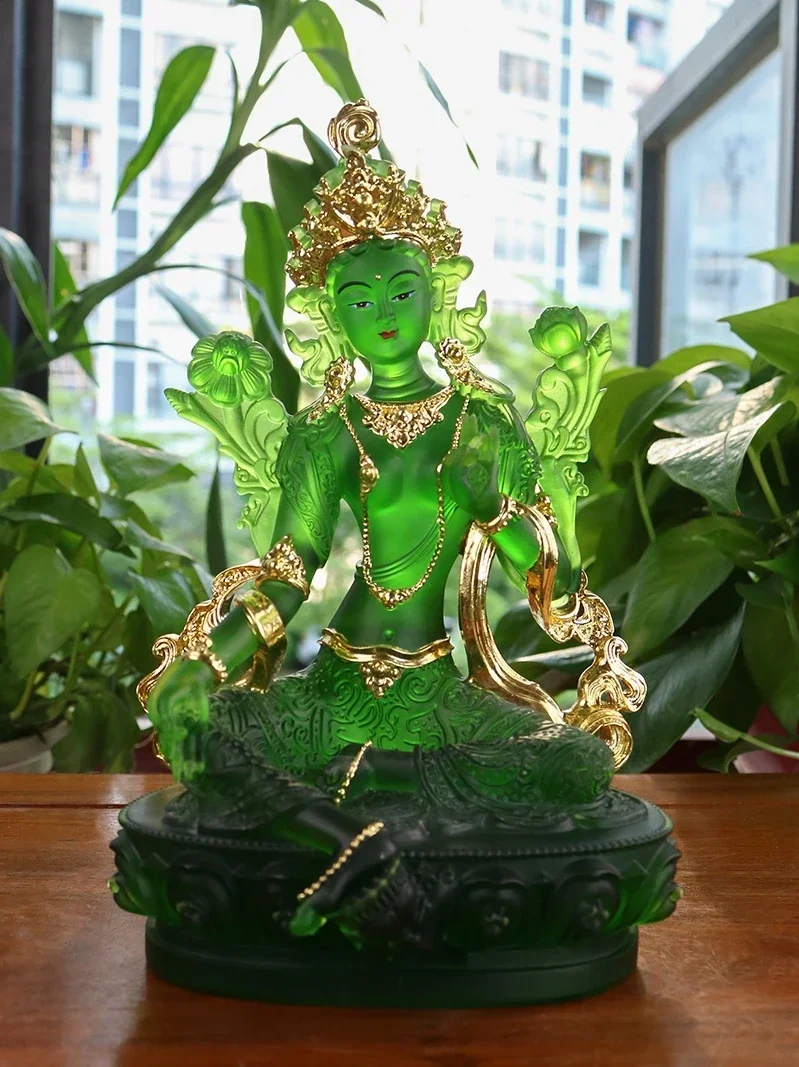 Ancient glass gold green Tara Buddha statue painted Guanyin Bodhisattva worship Buddha home decoration multi-size