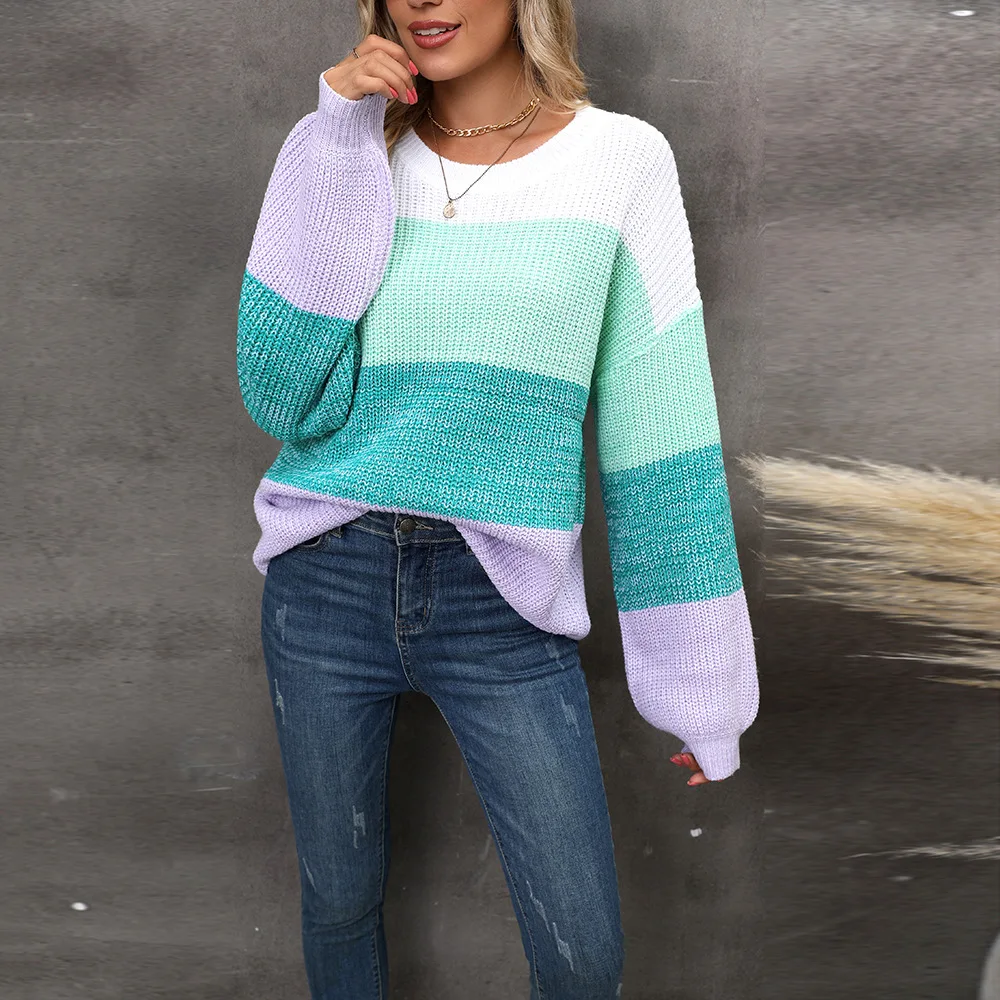 Colorblock O-neck Kintted Sweater Women Crochet Y2k Top Long Sleeve Pullover Spring Autumn Winter Jumper Streetwear Sueter Mujer