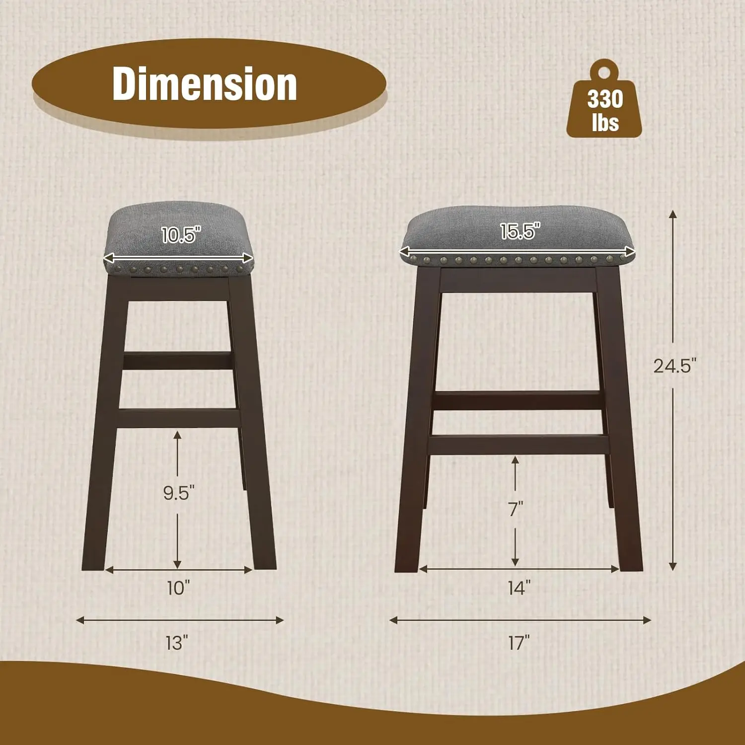 Costway-Saddle Stools Set, Counter Altura Cadeiras, Nailhead Trim, assento acolchoado, borracha madeira pernas, moderno, 4, 24,5 polegadas