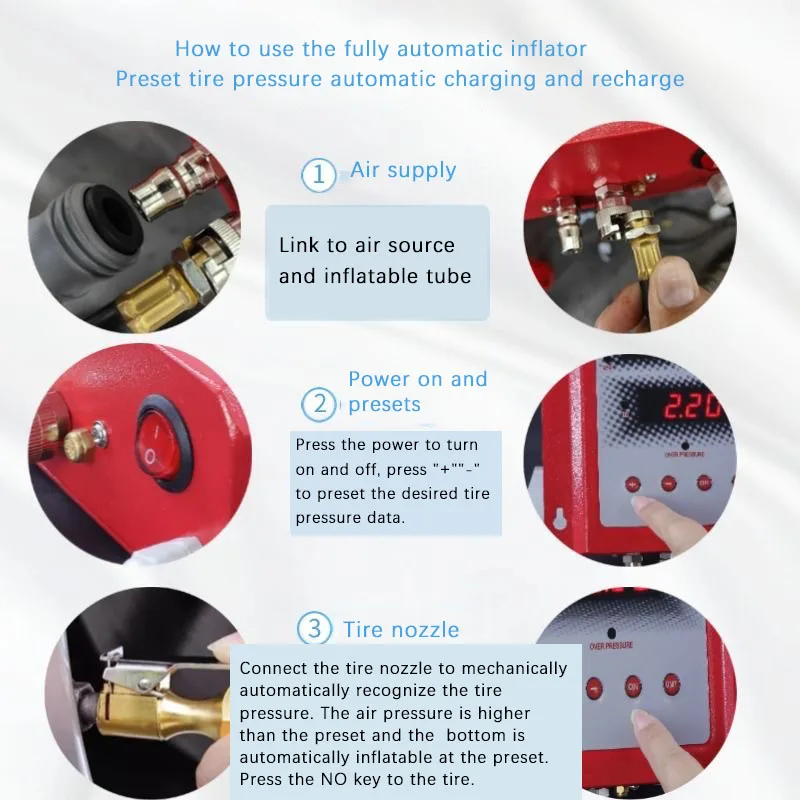 Inflador de pneus totalmente automático inteligente, pressão de pneu predefinida, carregamento automático e deflação, inflador de alta precisão