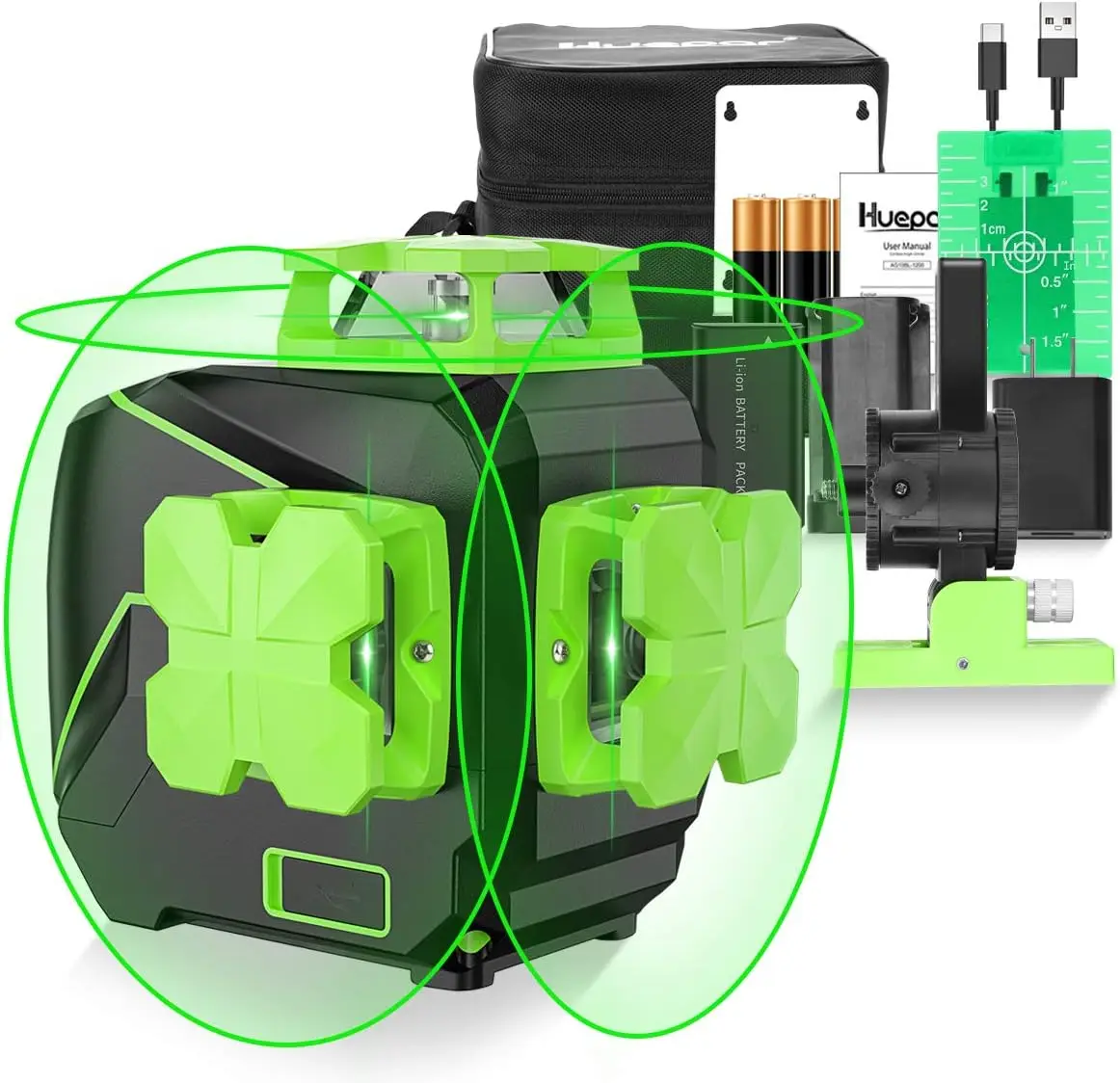 Huepar 12 lines 3D Laser Level 360° Self-leveling Green Beam Cross Line Three-Plane Alignment Tool with Li-ion Batter & Bracket