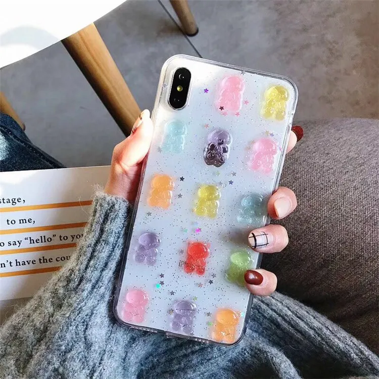 Cute 3D Colorful Bear Drop Glue Phone Case for iPhone 16 15 14 13 12mini 11 Pro Max XS X XR 7 8 Plus Shockproof Protective Cover