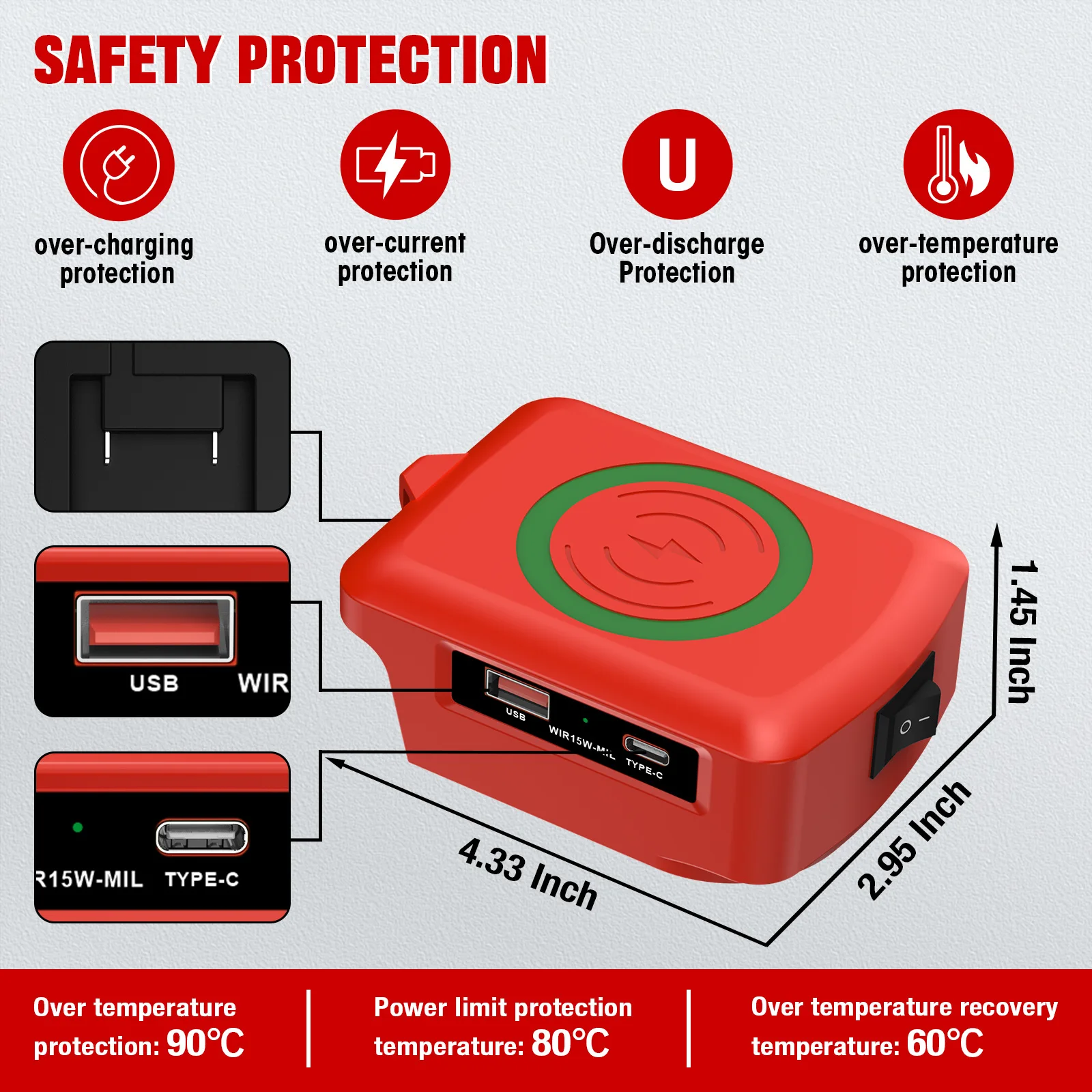 Emergency Charging for Power Outage 15W Wireless Charger Adapter for Milwaukee 18V Battery USB Type-C Reliable Charging Dock