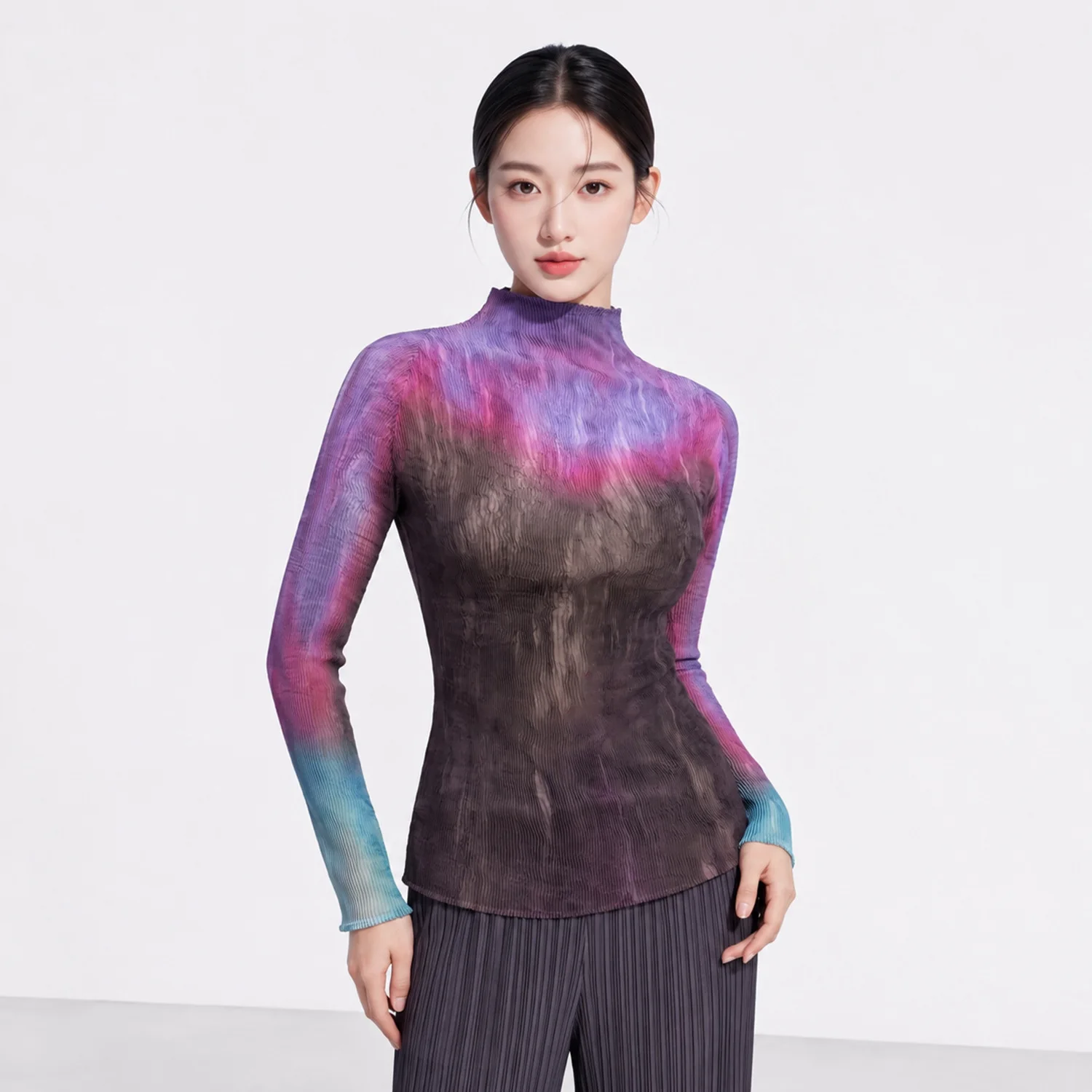 Miyake Pleated Quality Top with Faded Gradient High Elastic Half-turtle Collar Textured Tie-dye Long-sleeved Versatile T-shirt