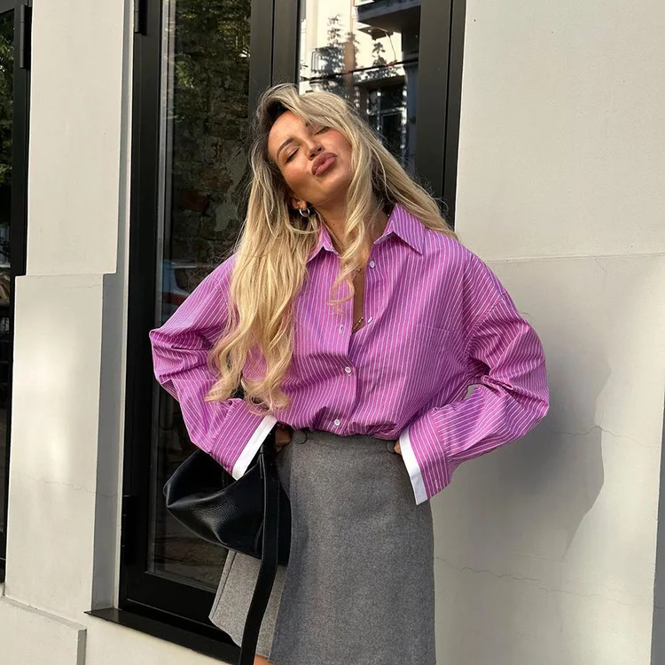 

European And American Spring Fashion 2026 New Women's Tops Simple Casual Color-Block Striped Long-Sleeve Shirt Pink Loose Blouse