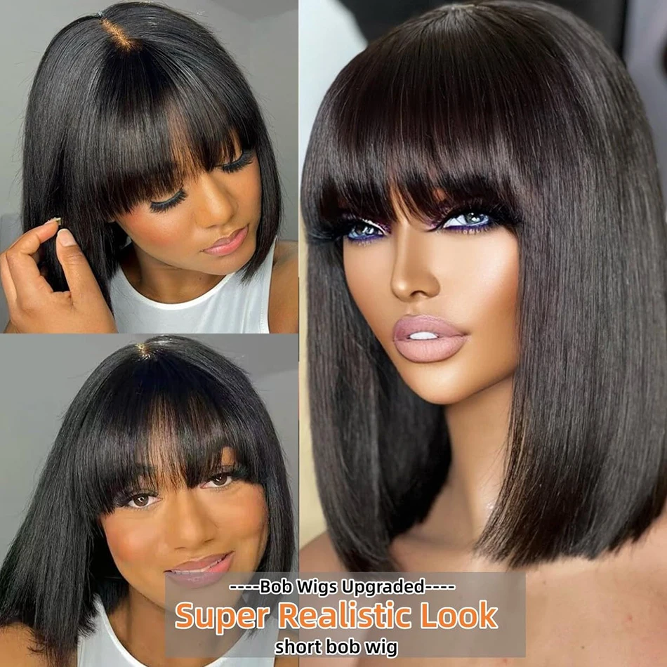 Wiggogo-Bone Straight Cabelo Humano Perucas com Bangs, Parte Média Lace Wig, Full Machine Made, Curto Bob Perucas, 3x1