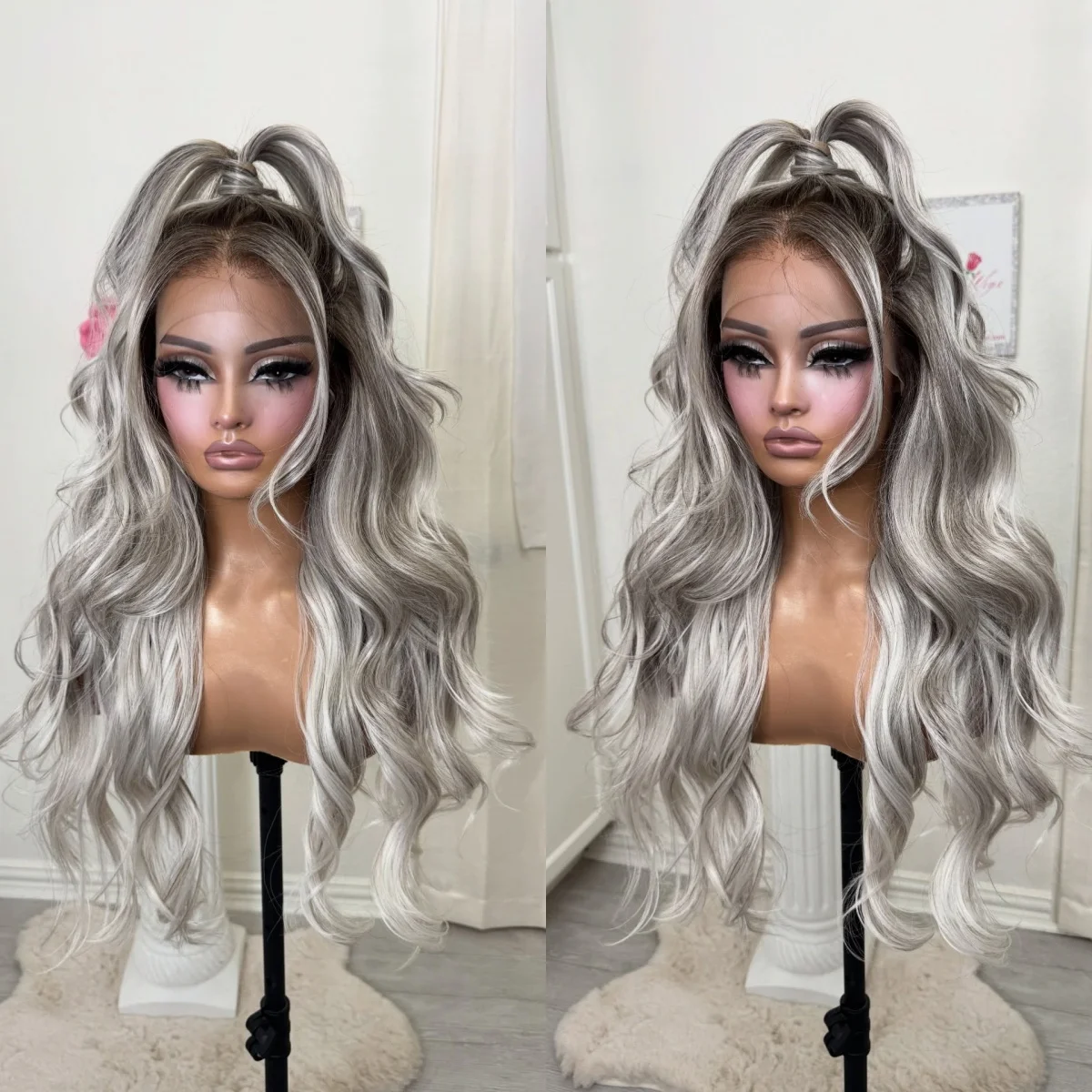 

Легко носить, мягкие длинные свободные волны, 26-дюймовые синтетические парики спереди, теневые корни, высококачественные термостойкие волокна, парики