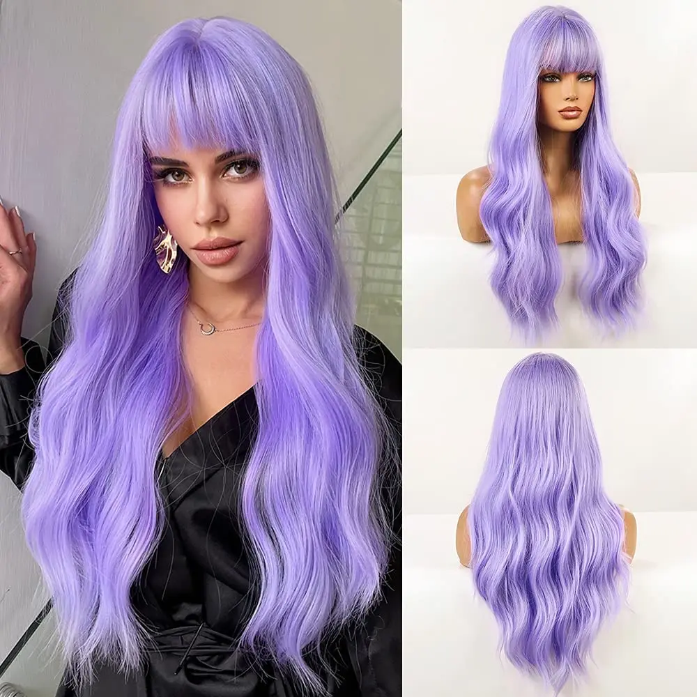 26inch Purple Synthetic Wig with a Center Parting and Big Waves with Bangs, Suitable for Festivals, Parties, and Daily Use