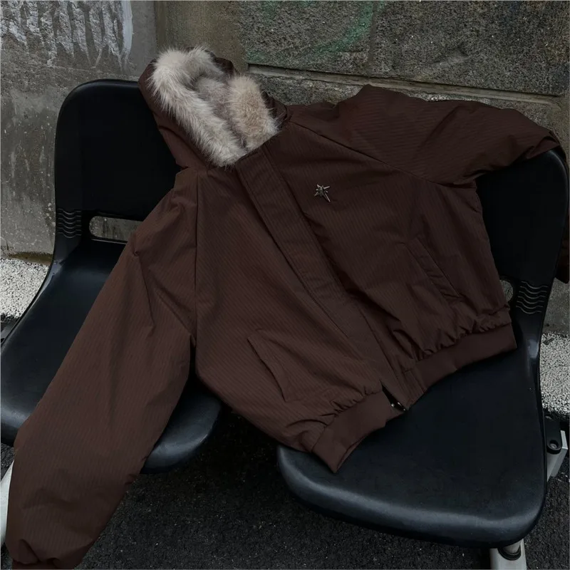 

Y2K Cropped Men's Puffer Jacket, Vintage Faux Fur Collar Mans Coat, Thickened Women Streetwear Winter Jacket