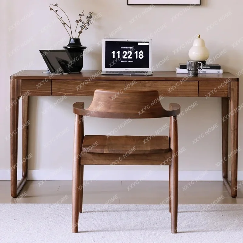 Lsmall apartment black walnut solid wood desk children's log study