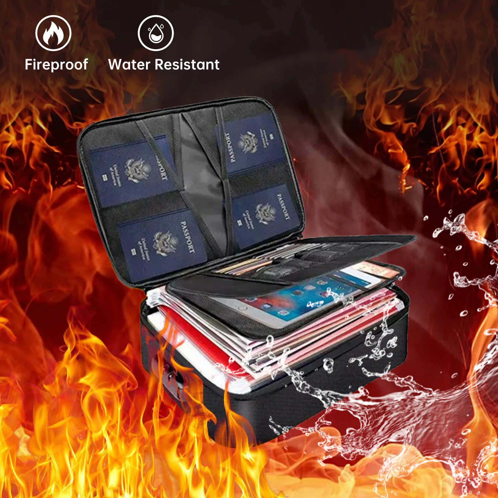 Black Combination Lock Fireproof Storage Box Valuables Safe Foldable Waterproof Fireproof File Organizer Box