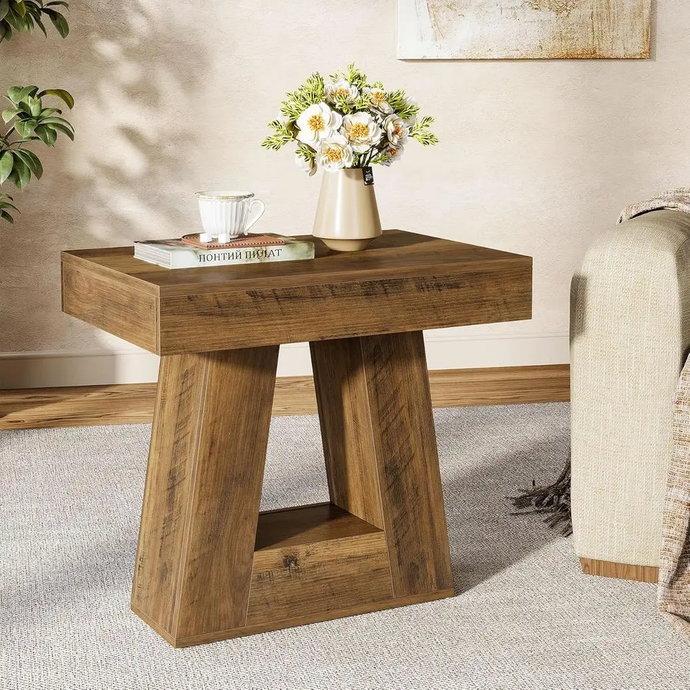 

24 Two-Tier Wooden End Table, Trapezoid Base, Suitable for Small Spaces, Ideal for Nightstand or Living/Bedroom Use (Brown)