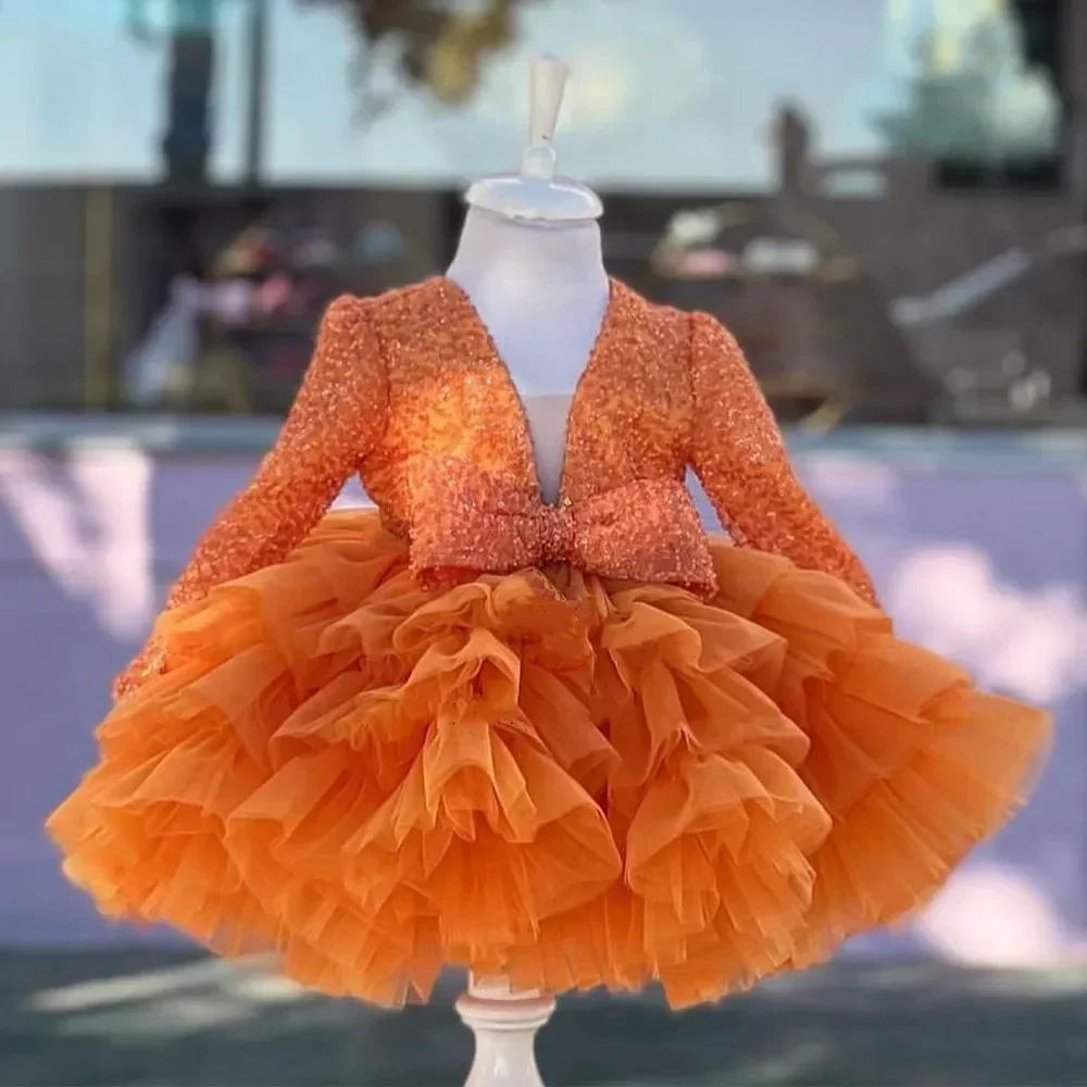 

Luxurious Orange Baby Girls Dresses Layers Tulle Tiered Infant Girls Birthday Party Gown Christmas New Year Dress Gift