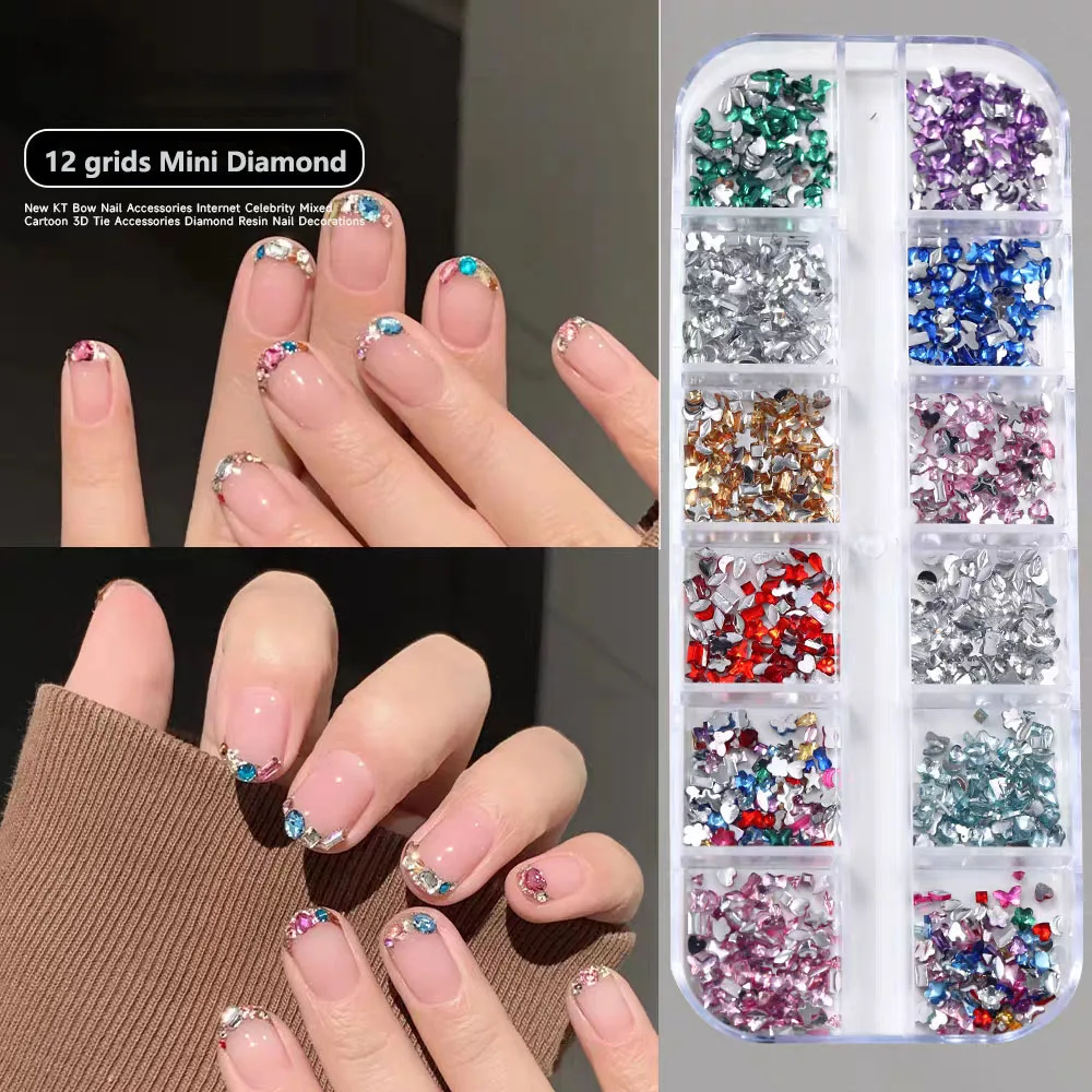12 Gitter Mini Glänzende Klare Kristall-Nagelsteine Glitzer Flache Glas-Diamant-Charms Gemischte Runde DIY Nagelkunst-Accessoires