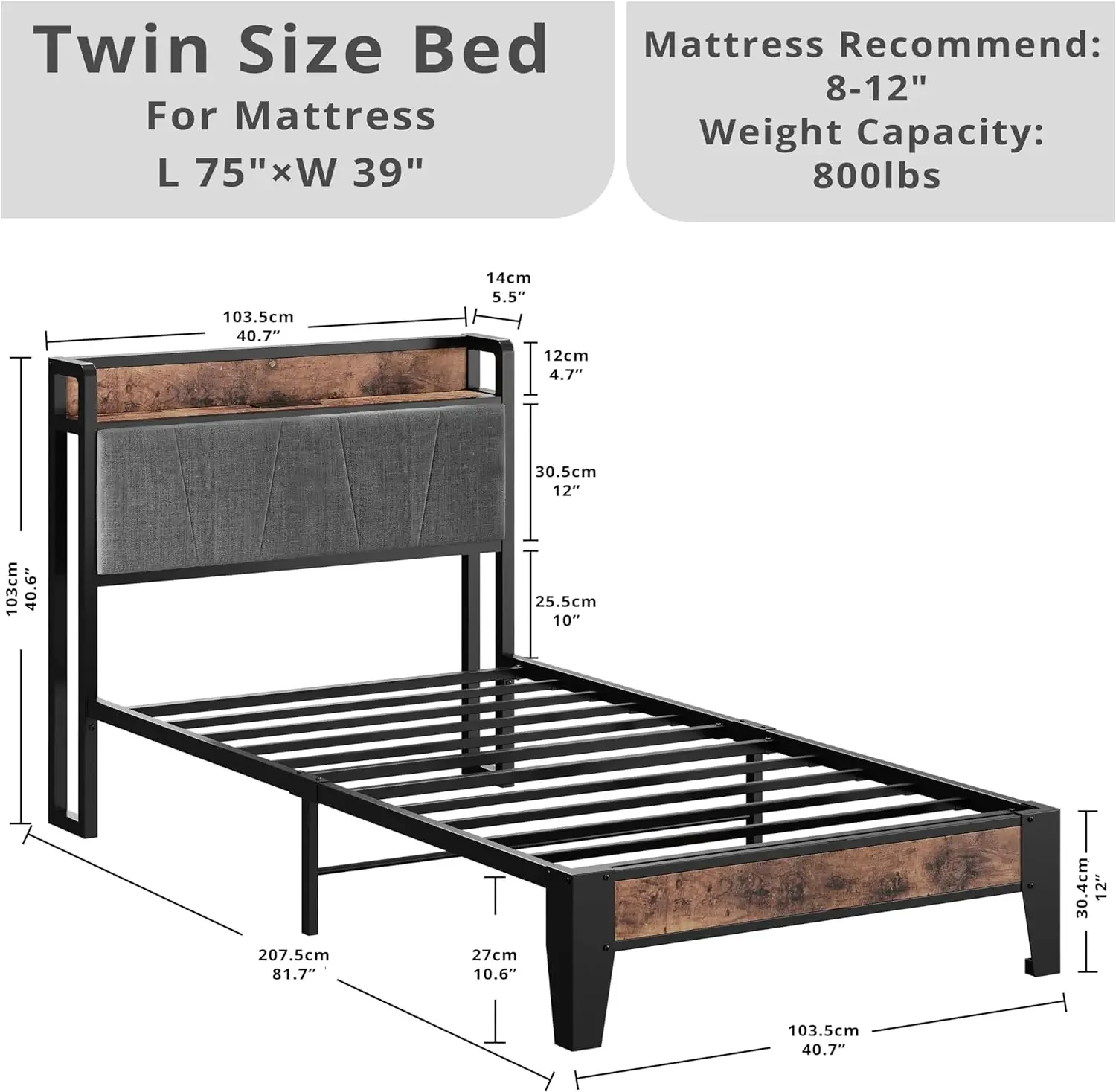 Twin Bed Frames, Storage Headboard with Charging Station, Solid and Stable, Noise Free, No Box Spring Needed, Easy Assem