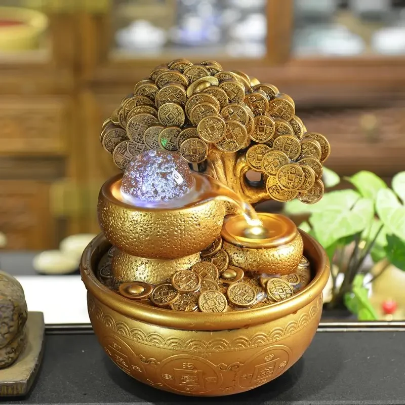 Gold Money Tree Water Fountain Ornaments Feng Shui Transfer Ball Waterscape Office Living Room Desktop Humidification Decoration