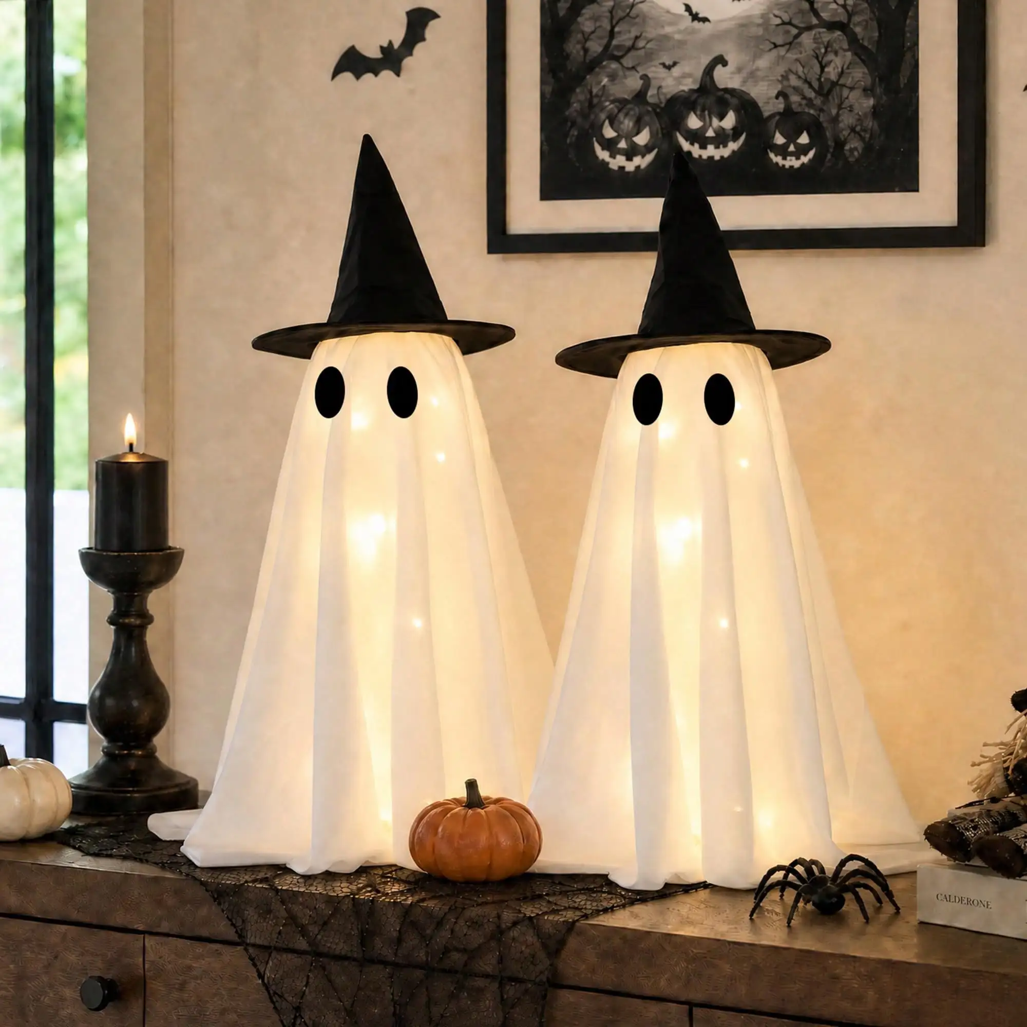 LED Light‑Up Witch Hat Ghost 2Pcs, Spooky Halloween Figurine, Table Centerpiece for Mantel Dining Table Party Decor view 3