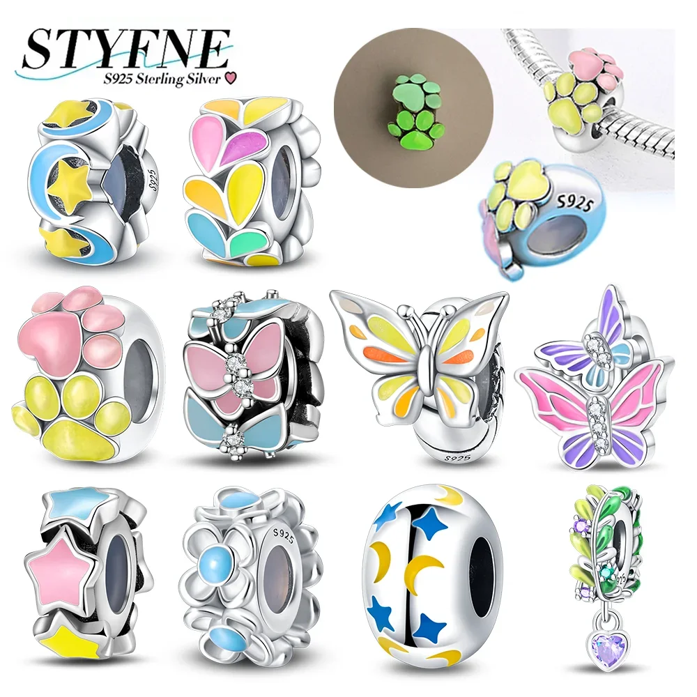 

Silver 925 Butterfly Cat Paw Star Moon Glowing Changing Color Spacer Beads Fit Original Bracelets DIY Fine Jewelry Gifts