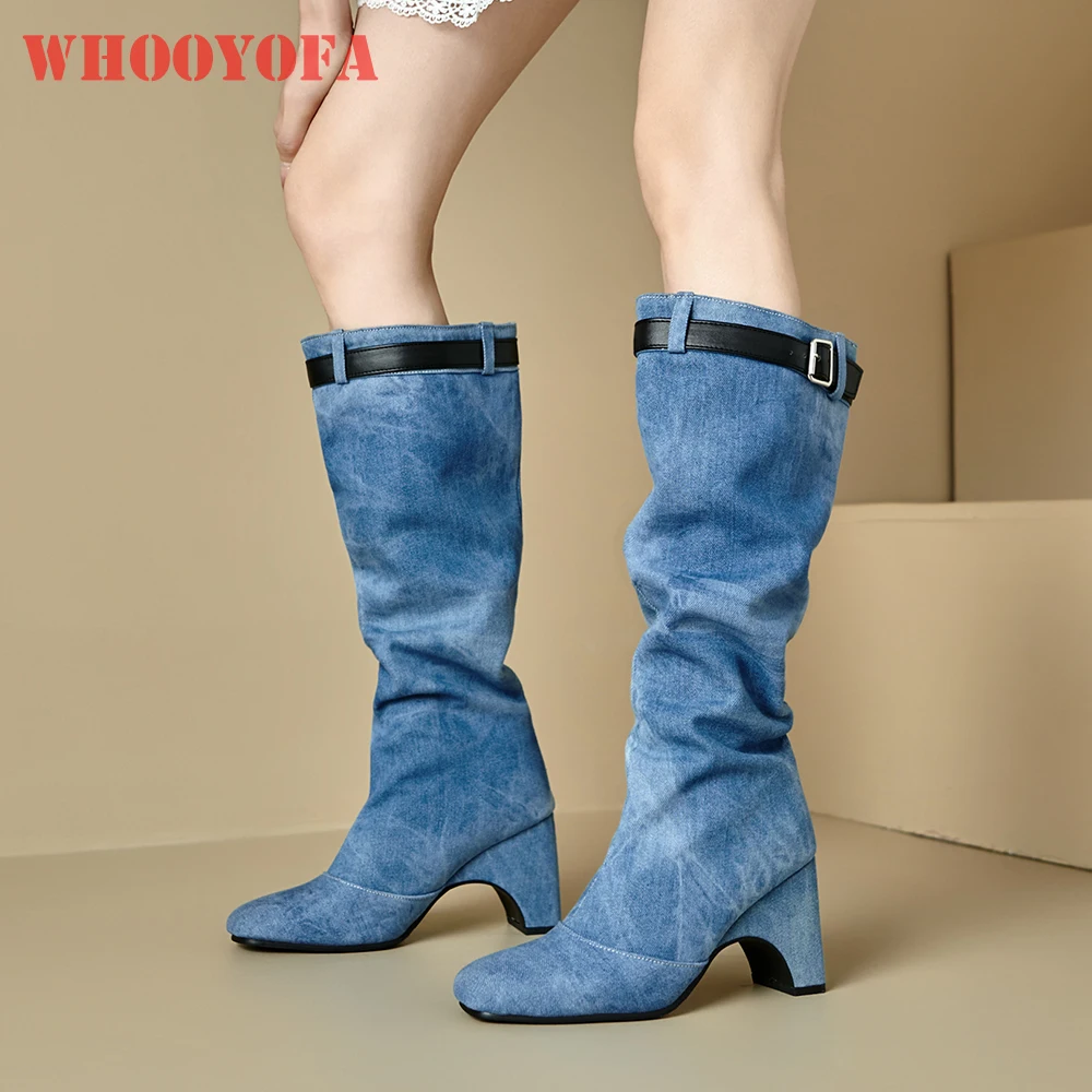 

2025 Новые зимние милые синие темно-синие женские сапоги до колена с напуском, женские вечерние туфли на высоком каблуке 9 см, маленькие большие размеры 11 32 43 47 48