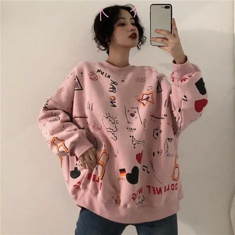 Autumn Winter New Round Neck Long Sleeve Fashion Sweatshirts Women High Street Printing Hip Hop Pullovers Thick All-match Tops