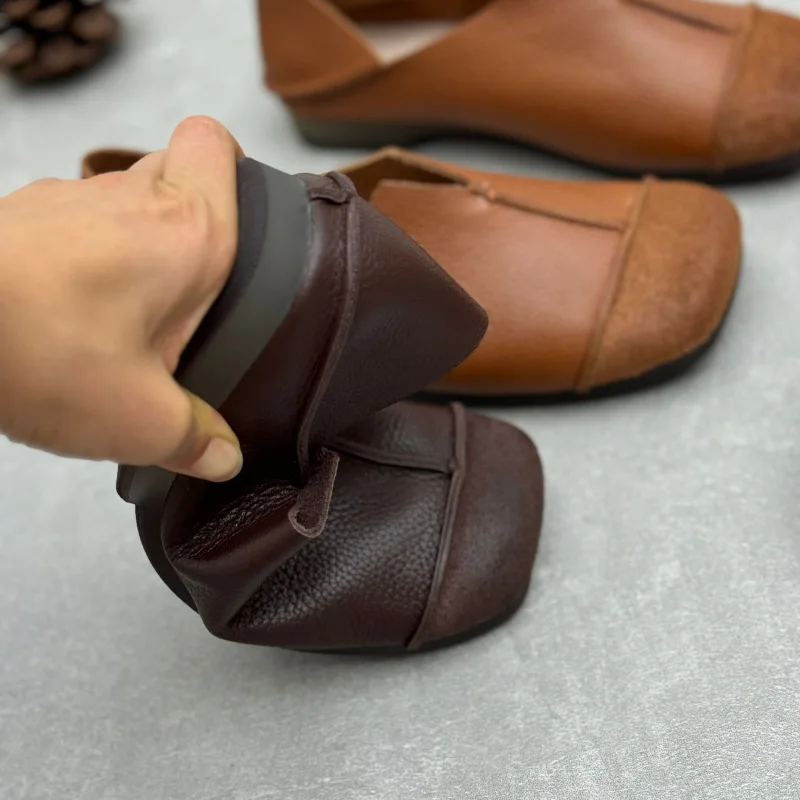 Retro zachte koeienhuid platte damesschoenen luxe handgemaakt echt leer 2025, lente zomer dagelijkse outdoor dames vrijetijdsschoenen